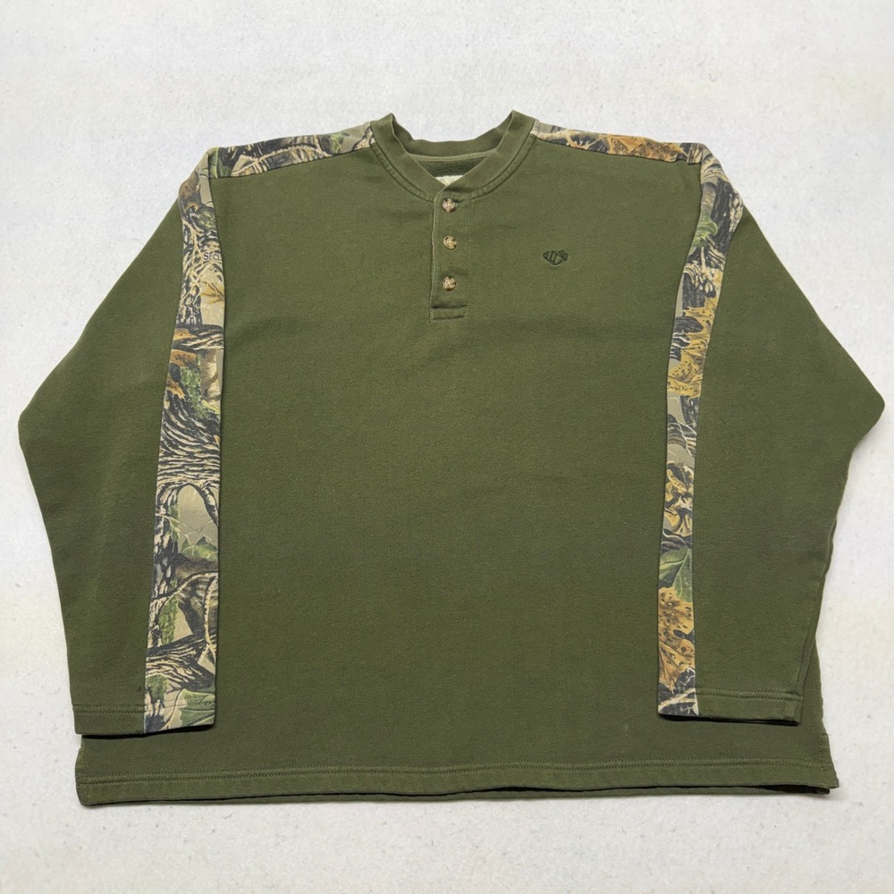 Vintage Cabelas‎ Henley Sweatshirt XL Green Camo Boxy Y2K Gorpcore Streetwear